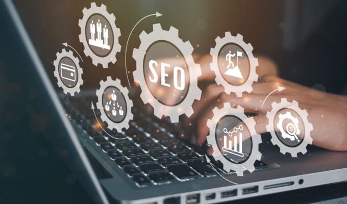 Businessmen using a computer to SEO search engine optimization banner web icon for business and marketing, traffic, ranking, optimization, link and keyword. stock photo